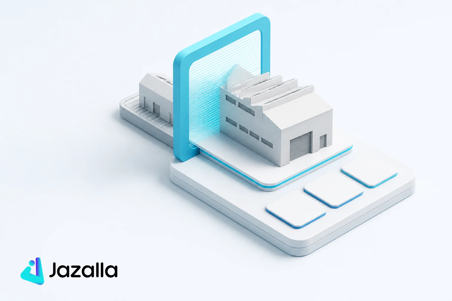 Light editorial illustration of a Saudi factory becoming digitally discoverable to buyers